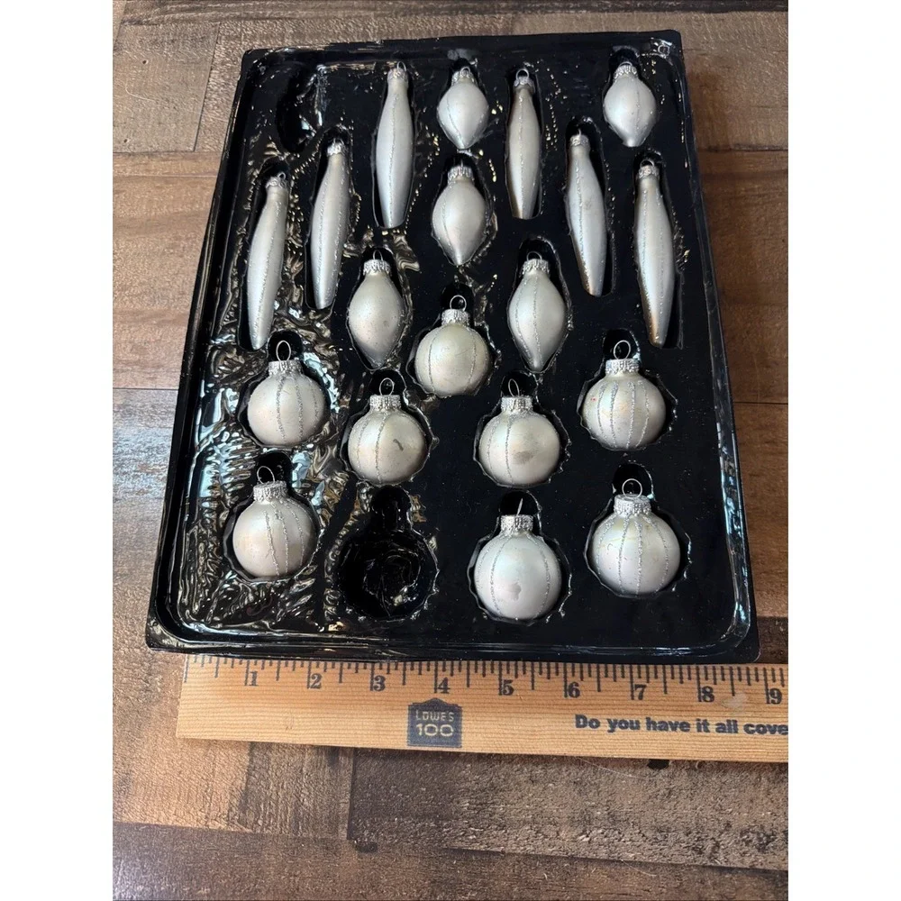 Yule Glass Christmas Ornaments White Silver Glitter In Box Set of 19 Assorted